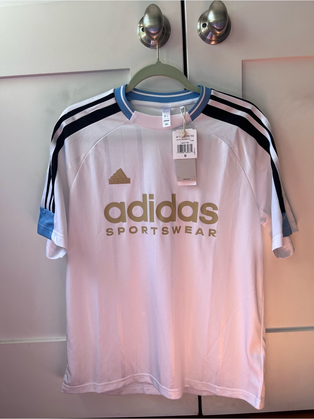 adidas White Tee with Light Blue Trim and Black Stripes